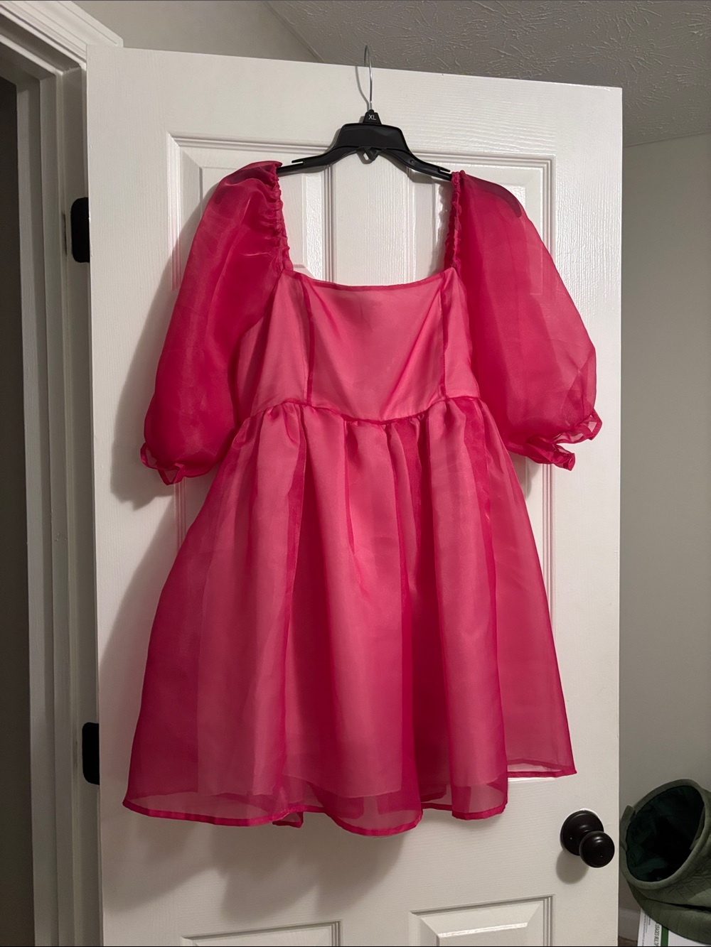 Women’s Puff Sleeve Organza Mini Dress - Hot Pink